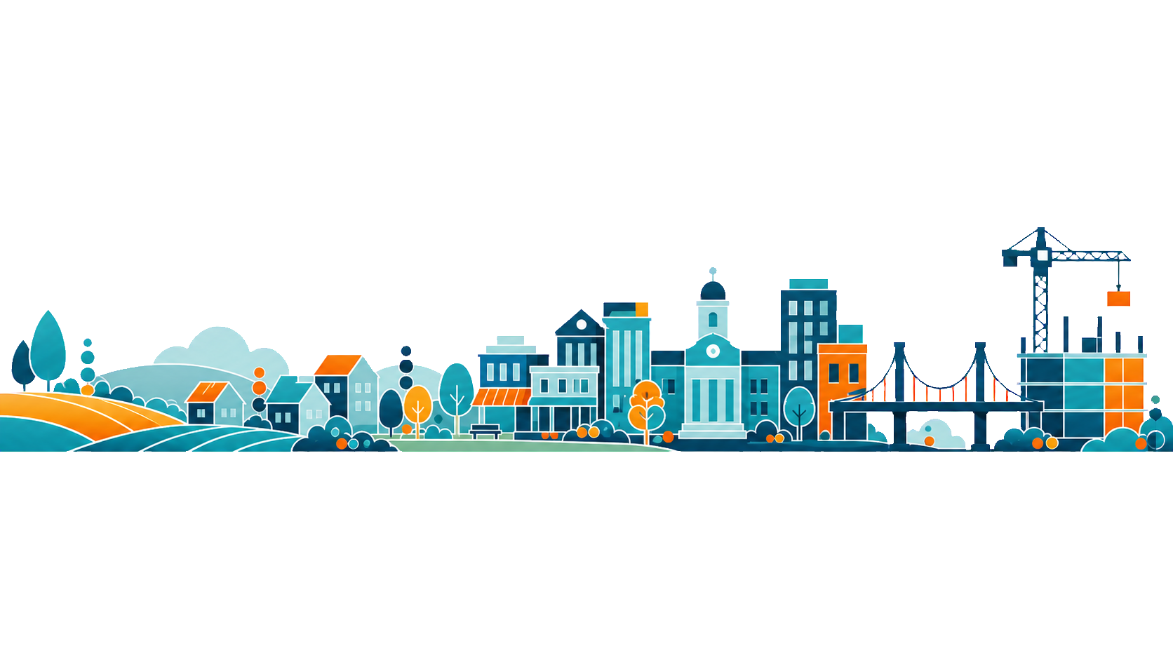Illustration of the built environment: countryside, housing, civic buildings, bridge and construction site.